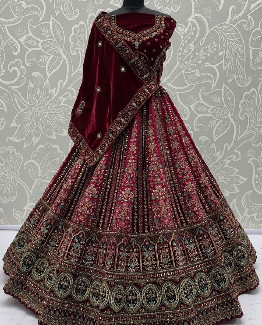 2875-A - Very-Well Detailed Red Hand Mirror Crafted with Various Embroidery and Doubke dupatta combine Bridal Lehenga Choli
